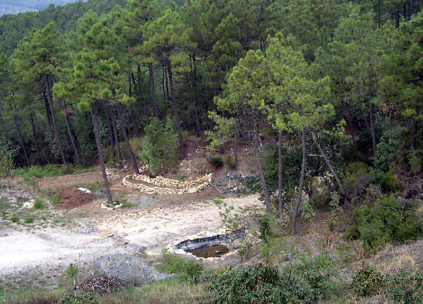 Area lago-orto:  il laghetto e l'area ''orto'' visti dall'alto  prima della realizzazione delle nuove aiuole in legno per piante alimentari, medicinali e velenose.